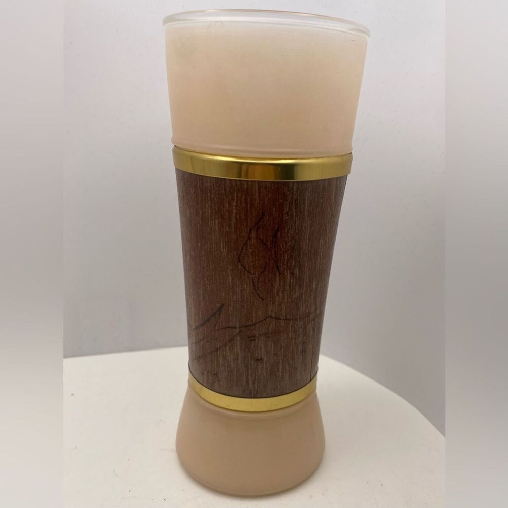 Vintage MCM Siesta Ware “Tiki Bar” Frosted Pink Glass with Wood Wrap